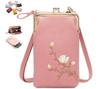 Women Sling Cross-Body Wallet with Mobile Cell Phone Holder, Embroidery Cell Phone Handbags with Card Slots (Deep Pink 1)