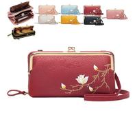 Women Sling Cross-Body Wallet with Mobile Cell Phone Holder, Embroidery Cell Phone Handbags with Card Slots (Red 2)
