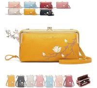 Women Sling Cross-Body Wallet with Mobile Cell Phone Holder, Embroidery Crossbody Purse for Daily Use & Travel (Yellow-A)