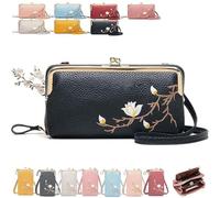 Women Sling Cross-Body Wallet with Mobile Cell Phone Holder, Embroidery Crossbody Purse for Daily Use & Travel (Black-A)
