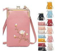 Women Sling Cross-Body Wallet with Mobile Cell Phone Holder, Embroidery Crossbody Purse for Daily Use & Travel (Pink-B)