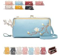 Women Sling Cross-Body Wallet with Mobile Cell Phone Holder, Embroidery Crossbody Purse for Daily Use & Travel (Blue-A)