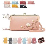 Women Sling Cross-Body Wallet with Mobile Cell Phone Holder, Embroidery Crossbody Purse for Daily Use & Travel (Pink-A)