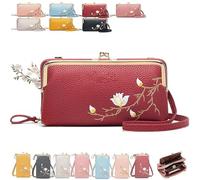 Women Sling Cross-Body Wallet with Mobile Cell Phone Holder, Embroidery Crossbody Purse for Daily Use & Travel (Red-A)