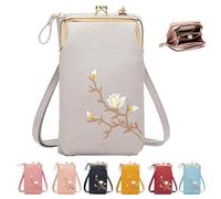 Women Sling Cross-Body Wallet with Mobile Cell Phone Holder，Mini Embroidered Leather Cell Phone Fashion Crossbody Bag (Gray)