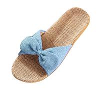 Women Slippers Non-Slip Linen Sliders Flip Flops Lovely Bowknot Summer Sandals Lightweight Open Toe Footwear Sandals Casual Flat Sandals Indoor Outdoor Beach Slides Pool House Holiday Slippers
