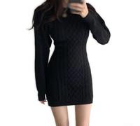 Women Solid Knit Dress Long Sleeve para crew Neck Women Solid(Black One Size)