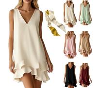 Women' Solid Sleeveless V Neck Ruffle Hem Shift Casual Tank Dress,Casual Loose Shift Mini Dress Summer Beach Flowy Sundress