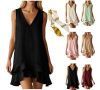Women' Solid Sleeveless V Neck Ruffle Hem Shift Casual Tank Dress,Casual Loose Shift Mini Dress Summer Beach Flowy Sundress