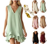 Women' Solid Sleeveless V Neck Ruffle Hem Shift Casual Tank Dress,Casual Loose Shift Mini Dress Summer Beach Flowy Sundress