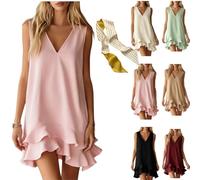 Women' Solid Sleeveless V Neck Ruffle Hem Shift Casual Tank Dress,Casual Loose Shift Mini Dress Summer Beach Flowy Sundress