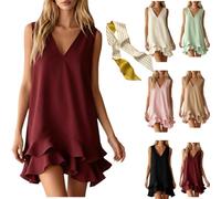 Women' Solid Sleeveless V Neck Ruffle Hem Shift Casual Tank Dress,Casual Loose Shift Mini Dress Summer Beach Flowy Sundress