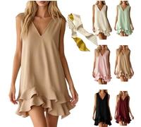Women' Solid Sleeveless V Neck Ruffle Hem Shift Casual Tank Dress,Casual Loose Shift Mini Dress Summer Beach Flowy Sundress