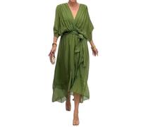Women Split Thigh Long Sleeve V-Neck Ruched Maxi Dress Summer Short Sleeve Side Slit Beach Cover-up Dresses Casual Flowy Tiered Maxi Beach Dress (Green,M)