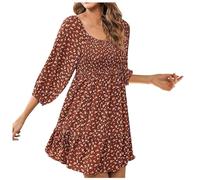 Women Spring Summer Dresses Boho Floral Square Neck Smocked 3/4 Sleeve Casual A-Line Swing Mini Dress(Red,M)