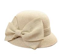 Women Straw Sun Hat Ladies Summer Cloche Bowler Hat 1920s Vintage Bucket Cocktail Tea Party Bridal Church Cap with Bow Funeral Foldable Beach Hats for Women
