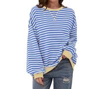 Women Striped Color Block Oversized Sweatshirt Crew Neck Long Sleeve Shirt Pullover Top Casual Loose fit Sweater (S,Blue Apricot)