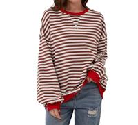Women Striped Color Block Oversized Sweatshirt Crew Neck Long Sleeve Shirt Pullover Top Casual Loose fit Sweater (M,Red White)