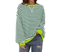 Women Striped Color Block Oversized Sweatshirt Crew Neck Long Sleeve Shirt Pullover Top Casual Loose fit Sweater (L,White Green)