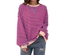 Women Striped Color Block Oversized Sweatshirt Crew Neck Long Sleeve Shirt Pullover Top Casual Loose fit Sweater (S,Rose Pink)
