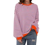 Women Striped Color Block Oversized Sweatshirt Crew Neck Long Sleeve Shirt Pullover Top Casual Loose fit Sweater (XL,Orange Pink)