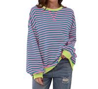 Women Striped Color Block Oversized Sweatshirt Crew Neck Long Sleeve Shirt Pullover Top Casual Loose fit Sweater (S,Pink Greenish)