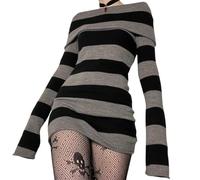 Women Striped Off Shoulder Long Sleeve Knit Mini Dress 2026 Y2K Boat-Neck Bodycon Short Sweater Dress Autumn Party (Black,S)