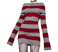 Women Striped Off Shoulder Long Sleeve Knit Mini Dress 2026 Y2K Boat-Neck Bodycon Short Sweater Dress Autumn Party (Red,L)
