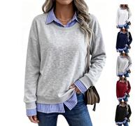Women Striped Patchwork 2 Piece Sweatshirt Collared Long Sleeve Pullover | Oversized Long Sleeve 2 in 1 Pullover Tops,Relaxed Drop-Shoulder Silhouette,Trendy Fake Two Piece Business Casual Clothes