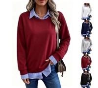 Women Striped Patchwork 2 Piece Sweatshirt Collared Long Sleeve Pullover | Oversized Long Sleeve 2 in 1 Pullover Tops,Relaxed Drop-Shoulder Silhouette,Trendy Fake Two Piece Business Casual Clothes