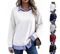 Women Striped Patchwork 2 Piece Sweatshirt Collared Long Sleeve Pullover | Oversized Long Sleeve 2 in 1 Pullover Tops,Relaxed Drop-Shoulder Silhouette,Trendy Fake Two Piece Business Casual Clothes