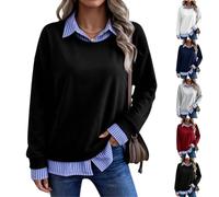 Women Striped Patchwork 2 Piece Sweatshirt Collared Long Sleeve Pullover | Oversized Long Sleeve 2 in 1 Pullover Tops,Relaxed Drop-Shoulder Silhouette,Trendy Fake Two Piece Business Casual Clothes
