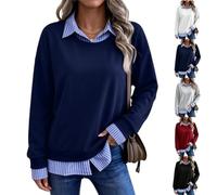 Women Striped Patchwork 2 Piece Sweatshirt Collared Long Sleeve Pullover | Oversized Long Sleeve 2 in 1 Pullover Tops,Relaxed Drop-Shoulder Silhouette,Trendy Fake Two Piece Business Casual Clothes