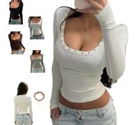 Women Studded Scoop Low Cut Slim Crop Top Sexy Long Sleeve Fitted T-Shirts