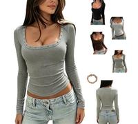Women Studded Scoop Low Cut Slim Crop Top Sexy Long Sleeve Fitted T-Shirts