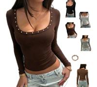 Women Studded Scoop Low Cut Slim Crop Top Sexy Long Sleeve Fitted T-Shirts