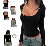 Women Studded Scoop Low Cut Slim Crop Top Sexy Long Sleeve Fitted T-Shirts