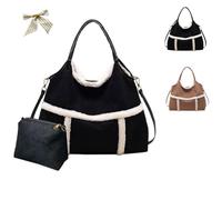 Women Suede Tote with Faux Lamb Wool Lined,Vintage Large Capacity Plush Shoulder Bag,Slouchy Plush Trimmed Crossbody Handbag (Black)