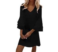 Women' Summer 2026 Cute Sheath Dress with Bell Sleeves, Three-Layer, Ruffles, V-Neck, Cotton Basic Line Casual Dresses(Navy,L)