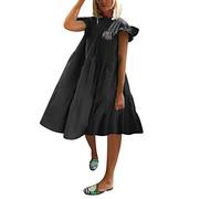 Women' Summer Dress 2026 Casual Short Sleeves Elegant Round Neck Solid Colour Basic Dresses(Black,M)