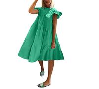 Women' Summer Dress 2026 Casual Short Sleeves Elegant Round Neck Solid Colour Basic Dresses(Green,M)