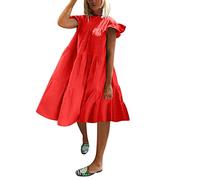 Women' Summer Dress 2026 Casual Short Sleeves Elegant Round Neck Solid Colour Basic Dresses(Red,S)