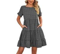 Women' Summer Dress 2026 Chic Boho Swing with Square Neckline, Short Sleeves, Casual for Plain Loose Festive Dresses(Black,S)