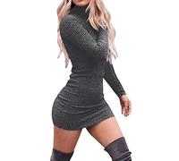 Women' Summer Dress 2026 High Neck Long Sleeve Knit on The Floor with Solid Colour Cotton Festive Fashion Dresses(Gray,XL)