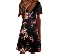 Women' Summer Dress 2026 V-Neck Print Short Sleeve Casual Dresses Simple Muslin Basic Sexy Beach(Black,XXL)