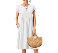 Women Summer Dress Cotton Linen Casual Dress Short Sleeve Round Neck Line Knee Length with Pockets Loose White X Large