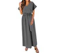 Women' Summer Dress, Elegant, V-Neck, Plain, Swing, Loose Belt, Waist, Cotton, Basic, Sexy, Festive Dresses(Gray,XXL)