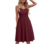 Women' Summer Dresses 2026 Casual Dress Solid Button Neck Strap Loose Splice Elegant Festive(Wine Red,S)
