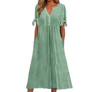 Women' Summer Dresses 2026 Solid Dress with Cut-out V-Neck, Lace Ruffle Long Plain Short Sleeve(Green,S)