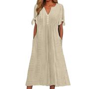 Women' Summer Dresses 2026 Solid Dress with Cut-out V-Neck, Lace Ruffle Long Plain Short Sleeve(Khaki,M)